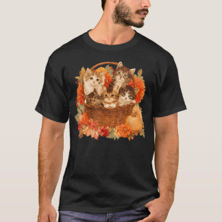 Cute Cat Basket Floral Pumpkin Fall Vintage T-Shirt