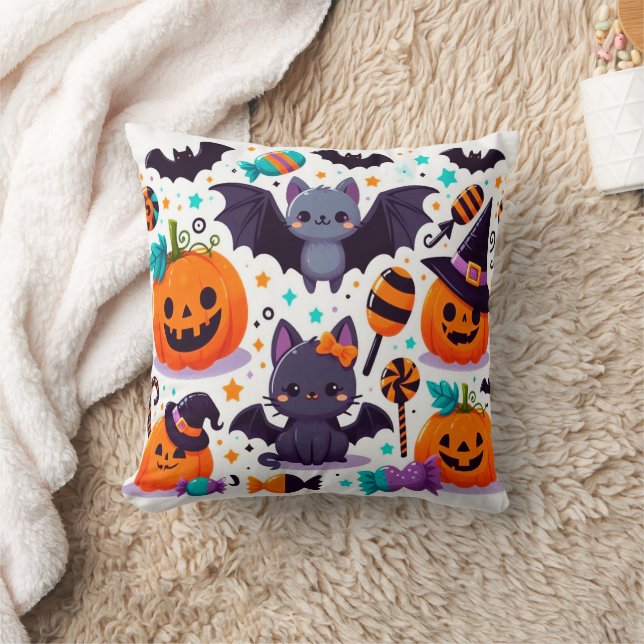 Cute cat bat halloween party throw pillow (Blanket)