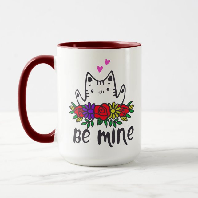 cute cat be mine love hugs heart valentines gift mug (Left)