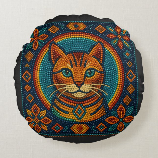 Cute Cat Beaded Kitten Round Pillow (Front)
