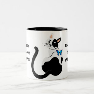 Cute cat beautiful butterfly black white blue Two-Tone coffee mug