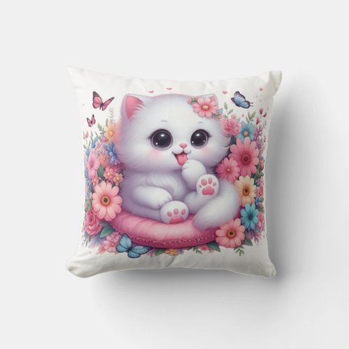 Cute Cat Beautiful flower Throw Pillow