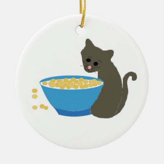 Cute Cat Beside A Blue Food Dish Ceramic Ornament