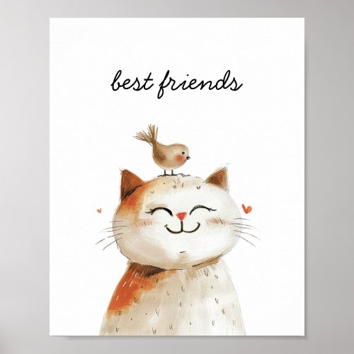Cute Cat Bird Best Friends Watercolor Nursery Poster