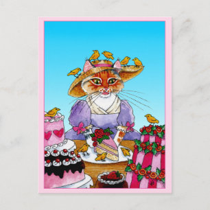 Cute cat, bird, birthday cake postcard
