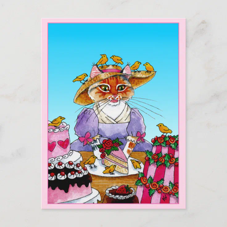 Cute cat, bird, birthday cake postcard Zazzle