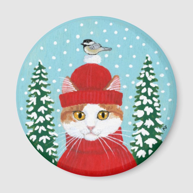 Cute cat, bird Christmas winter snow Magnet