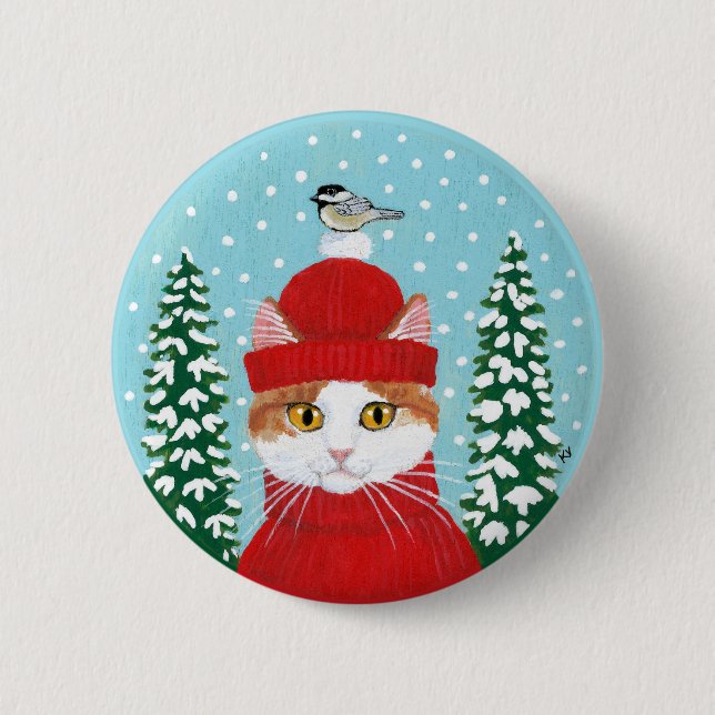 Cute cat, bird winter Christmas snow button (Front)