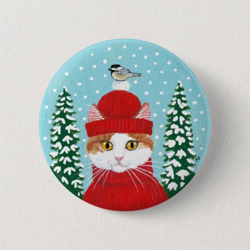 Cute cat bird winter Christmas snow button