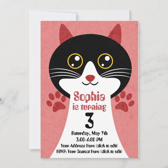 Cute Cat Birthday Invitation (Girl) – Editable  (Front)