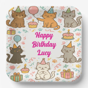 Cute Cat Birthday Party Plate with Custom Name