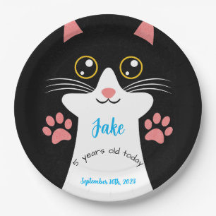 Cute Cat Birthday Party Plates. Editable text. Paper Plates