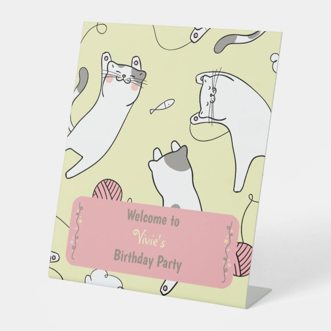 Cute Cat Birthday Party Welcome Pedestal Sign (Front)