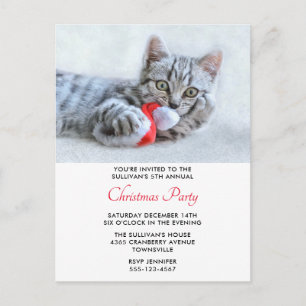 Cute Cat Biting Red Santa Hat Xmas Invitation Postcard