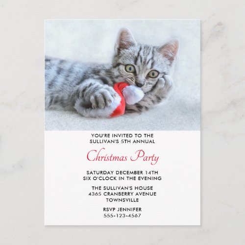 Cute Cat Biting Red Santa Hat Xmas Invitation Postcard