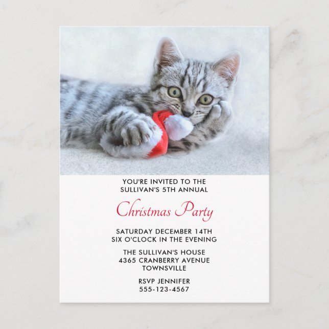 Cute Cat Biting Red Santa Hat Xmas Invitation Postcard (Front)