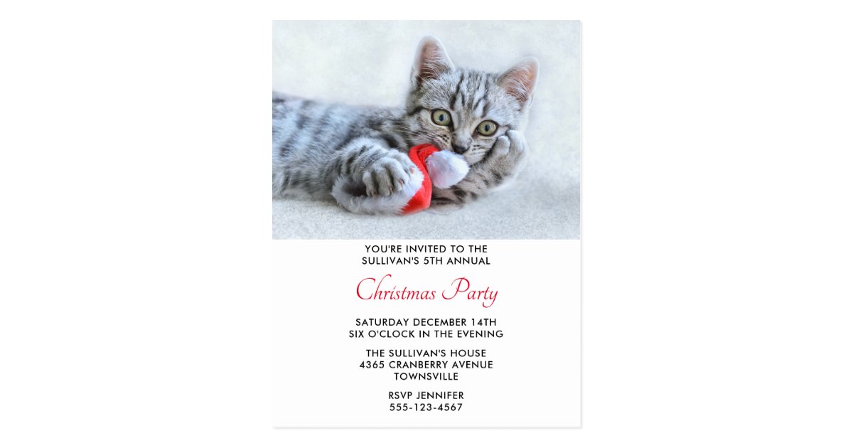 Cute Cat Biting Red Santa Hat Xmas Invitation Postcard Zazzle Com