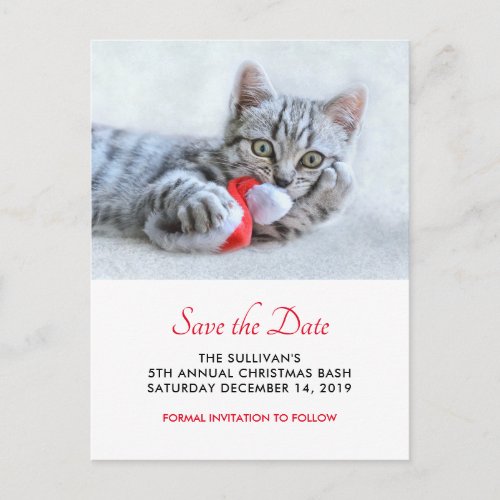 Cute Cat Biting Red Santa Hat Xmas Save the Date Postcard