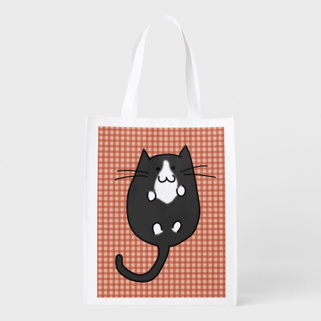 Cute Cat Black and White Reusable Grocery Bag (Back)