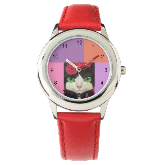 Cute Cat Black And White Tuxedo Illustration Red Watch (Front)