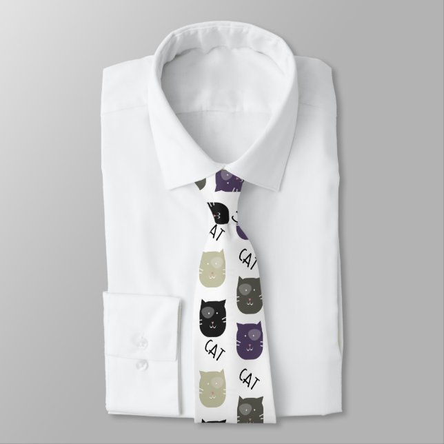 Cute Cat Black Purple Gray Black Neck Tie (Tied)