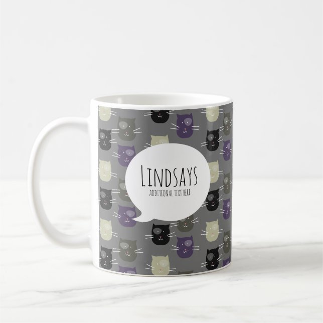 Cute Cat Black Purple Gray Coffee Mug (Left)