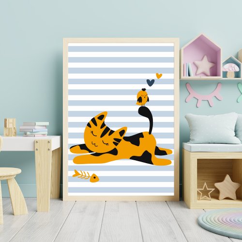 Cute Cat _ Blue Striped Kids Bedroom Poster