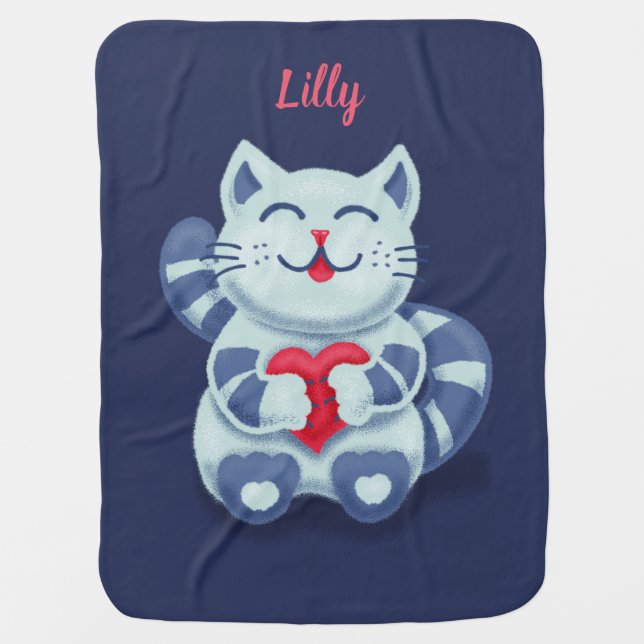 Cute Cat Blue Valentine Kids Baby Blanket (Front)