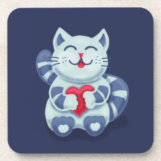 Cute Cat Blue Valentine Kids Beverage Coaster