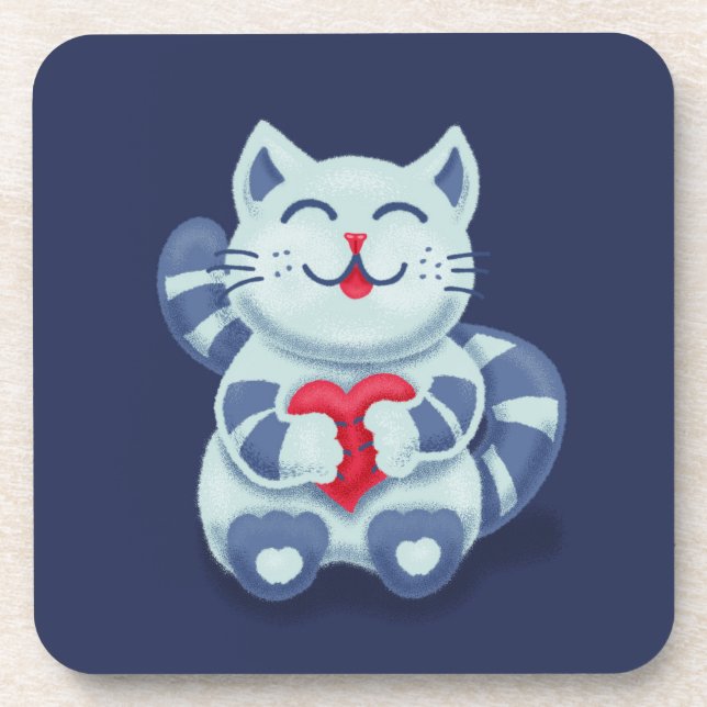 Cute Cat Blue Valentine Kids Beverage Coaster (Front)