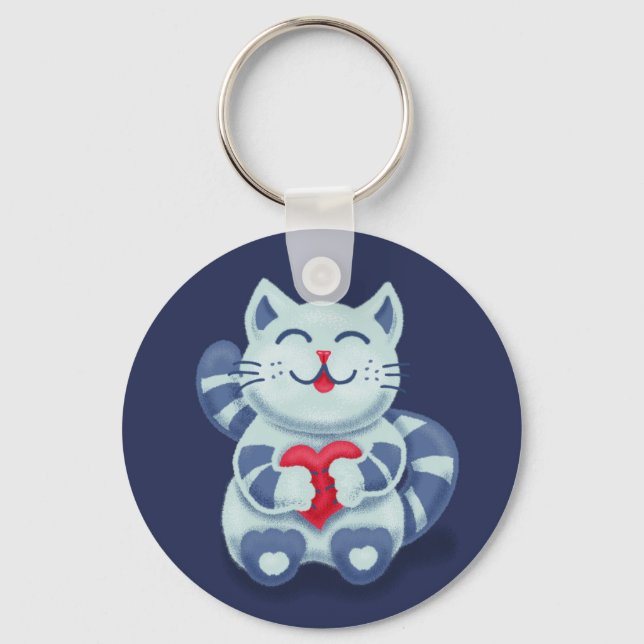Cute Cat Blue Valentine Kids Keychain (Front)