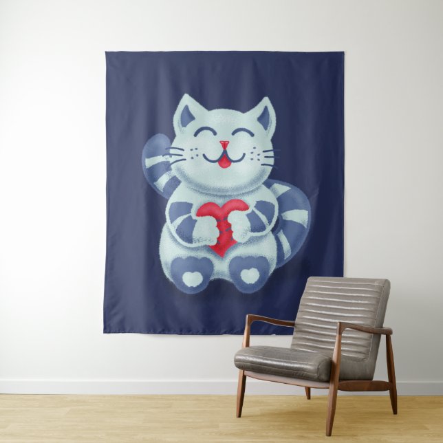 Cute Cat Blue Valentine Kids Tapestry (In Situ)