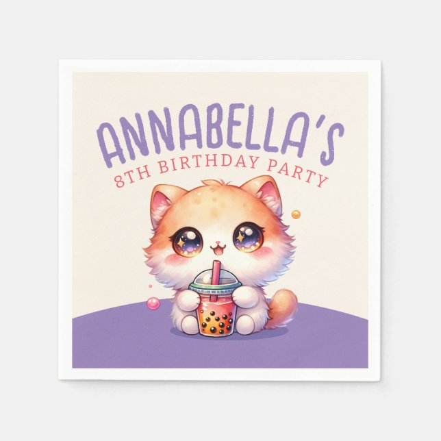 Cute Cat Boba Birthday Party Napkins (Front)
