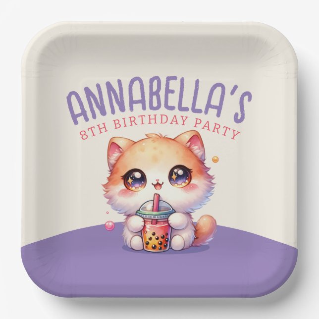 Cute Cat Boba Birthday Party Paper Plates (Front)