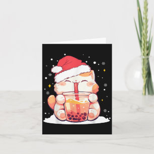 Cute Cat Boba Milk Bubble Tea Christmas Santa Hat  Card