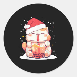 Cute Cat Boba Milk Bubble Tea Christmas Santa Hat Classic Round Sticker
