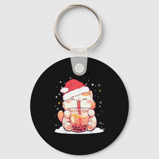 Cute Cat Boba Milk Bubble Tea Christmas Santa Hat  Keychain (Front)