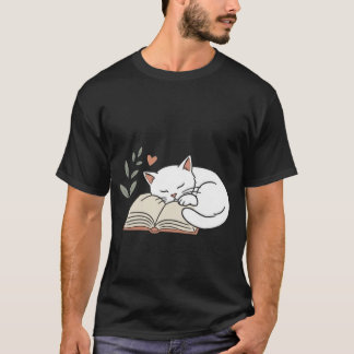 Cute Cat Book Lover Reading Minimalist Design T-Shirt