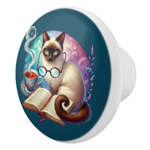 Cute cat book nook library reading lovers ceramic knob