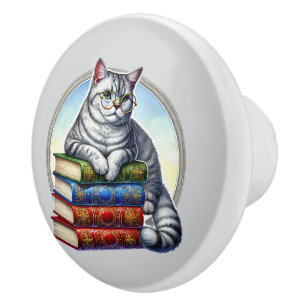 Cute cat book nook library reading lovers ceramic knob