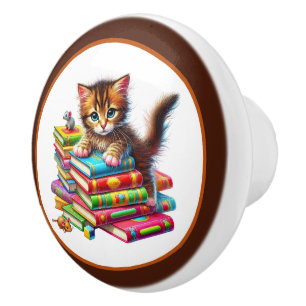 Cute cat book nook library reading lovers  ceramic knob