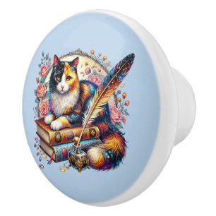 Cute cat book nook library reading lovers ceramic knob