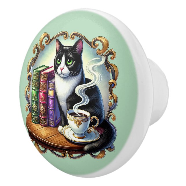 Cute cat book nook library reading lovers  ceramic knob (Right)