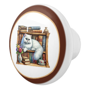 Cute cat book nook library reading lovers ceramic knob