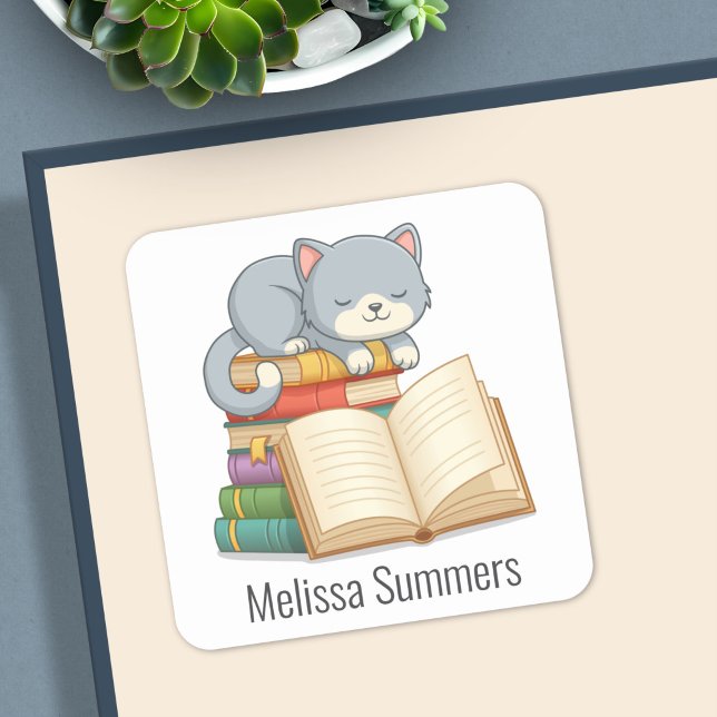 Cute Cat Book Stack Custom Name Bookplate (Creator Uploaded)