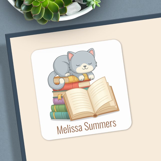 Cute Cat Book Stack Custom Name Bookplate (Creator Uploaded)