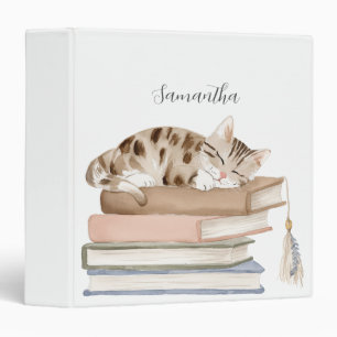Cute Cat Books Watercolor Personalized  3 Ring Binder