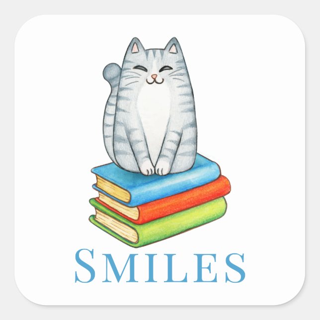 Cute Cat  Bookworm Reading Book Lover Hello Love Square Sticker (Front)