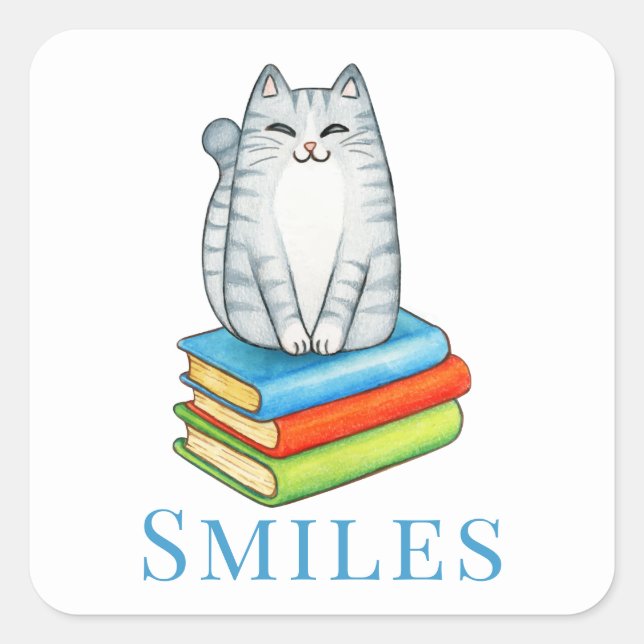 Cute Cat  Bookworm Reading Book Lover Hello Love Square Sticker (Front)