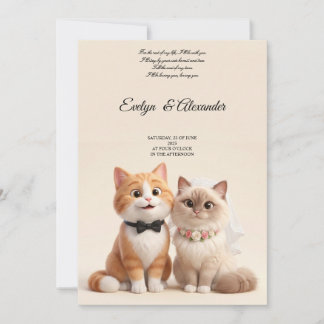 Cute Cat Bride and Groom Blush Pink Floral Wedding Invitation